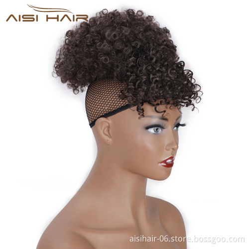 Aisi Hair New Design Kinky Curly Puff Brown Color Hair Bun With Bangs Afro Short Curly Synthetic Hair Extension For Black Women